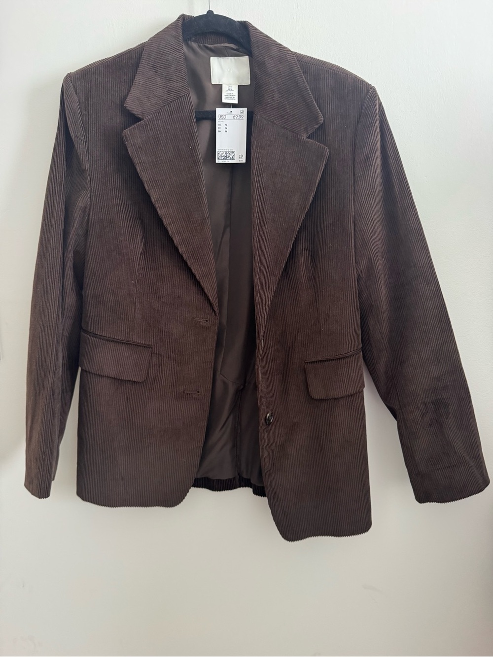 H&M Dark Brown 100% Cotton Corduroy Blazer Jacket Size M - Picture 3 of 6